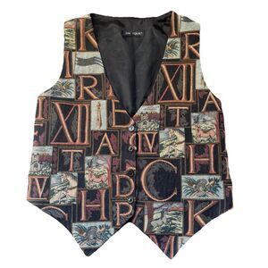 80s Vintage ON TOUR Jacquard Vest Tapestry Medieval Castle Horse M Retro